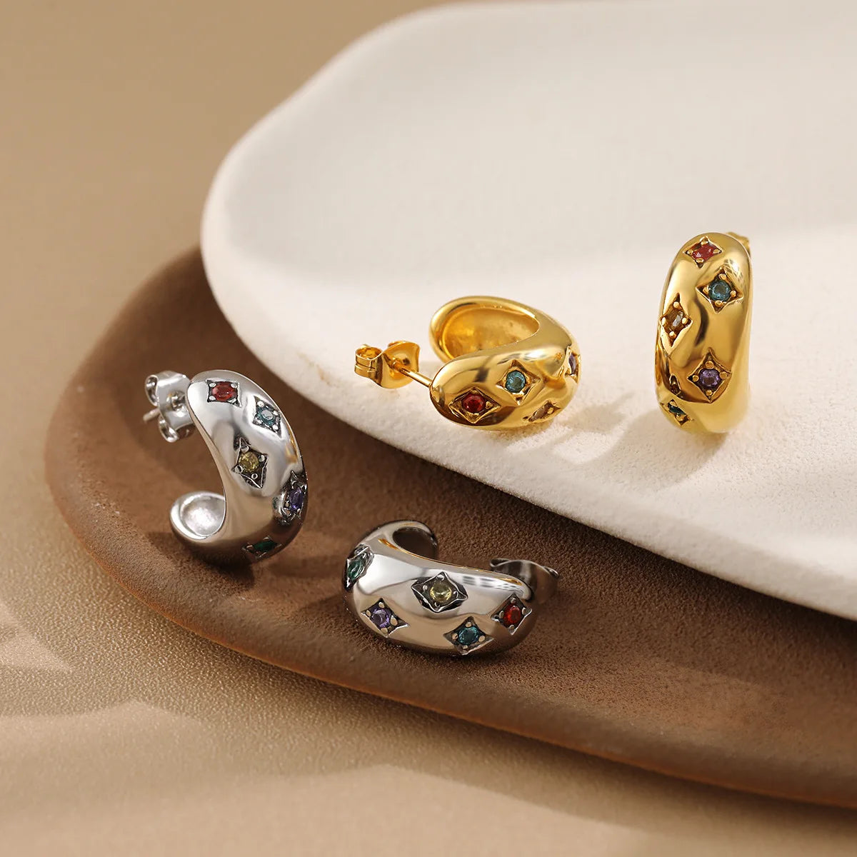 Gold letter C shape hoop earrings with colorful zircon accents, dainty and stylish for daily wear and leisure fashion.