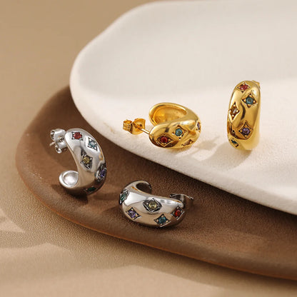 Gold letter C shape hoop earrings with colorful zircon accents, dainty and stylish for daily wear and leisure fashion.