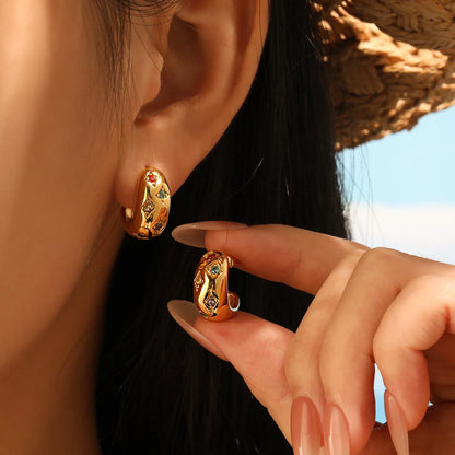 Gold letter C shape hoop earrings with colorful zircon accents, dainty and stylish for daily wear and leisure fashion.