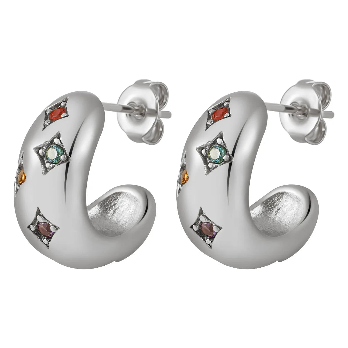 Gold letter C hoop earrings with colorful zircon accents, dainty and stylish for daily wear and leisure fashion.