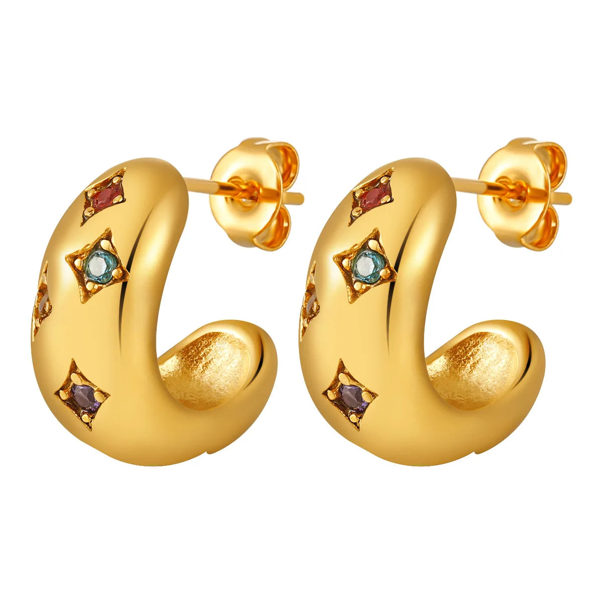 Dainty gold letter C shape hoop earrings with colorful zircon accents, perfect for daily wear and leisure style fashion for women.