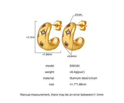 Gold letter C shape earrings with colorful zircon accents, dainty hoop design, ideal for daily wear and leisure style jewelry.