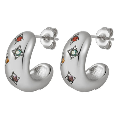 Gold letter C shape earrings with colorful zircon accents, dainty hoop design, perfect for daily wear and leisure style women’s jewelry.