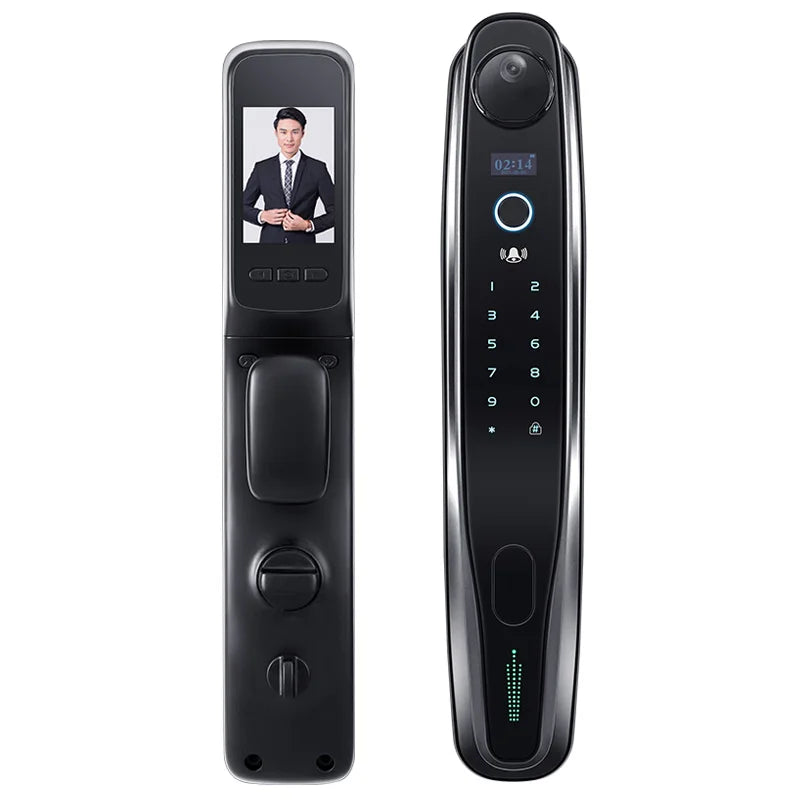 Golden smart digital door lock with 3D face recognition, electronic password, and built-in camera for secure access.