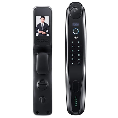 Golden smart digital door lock with 3D face recognition, electronic password, and built-in camera for secure access.