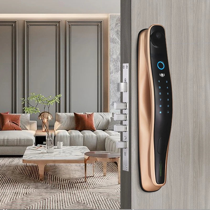 Golden smart digital door lock with 3D face recognition, electronic password, and built-in camera by BackupMyFilesNow.com