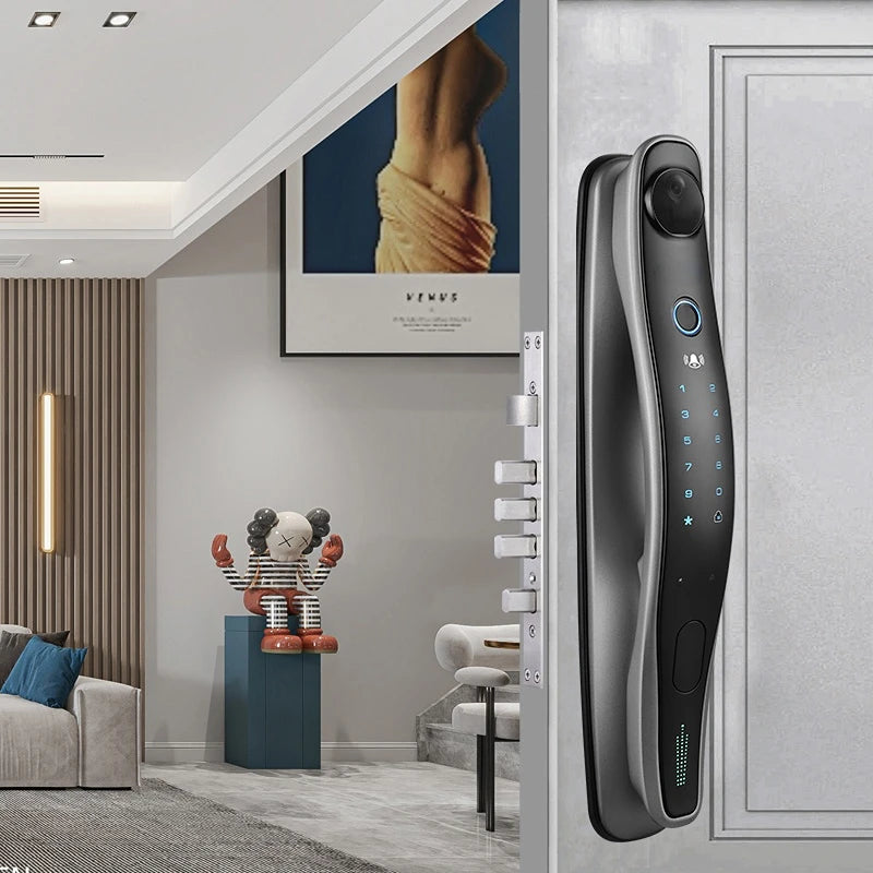 Golden BackupMyFilesNow.com smart digital door lock with 3D face recognition and built-in camera for secure access.