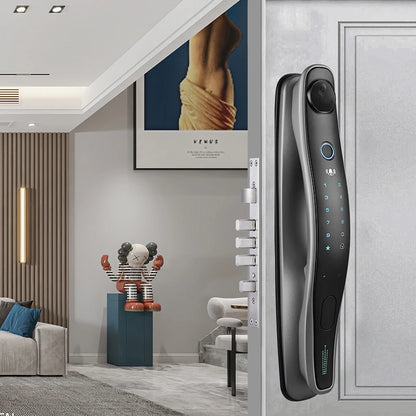 Golden BackupMyFilesNow.com smart digital door lock with 3D face recognition and built-in camera for secure access.