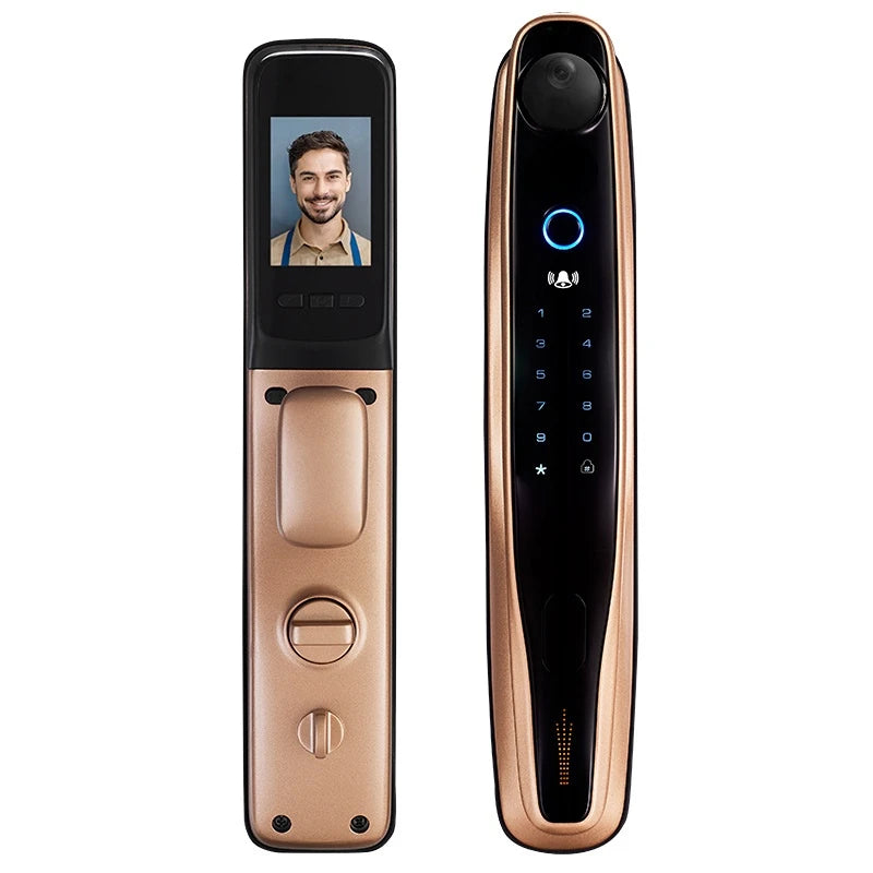 Golden smart digital door lock with 3D face recognition and built-in camera, designed for secure electronic access.