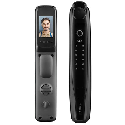 Gold smart digital door lock with 3D face recognition, electronic password, and integrated camera for enhanced security.