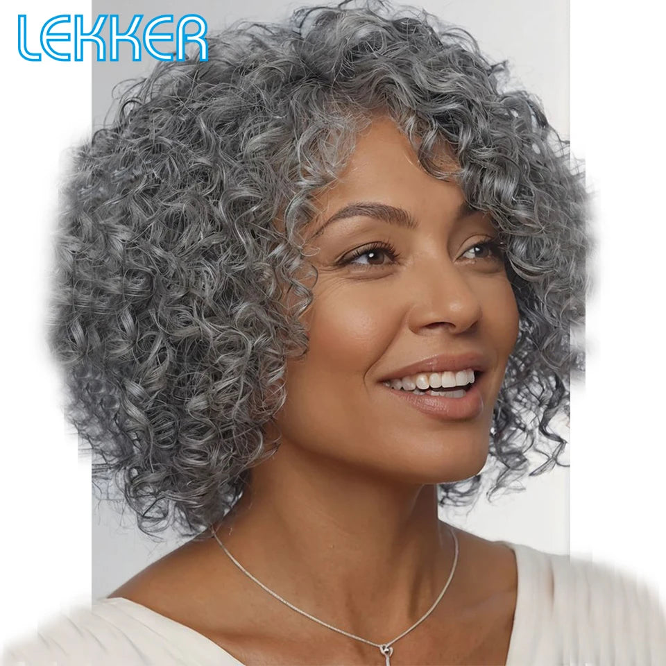 Gray short Afro kinky curly bob wig with middle part, 100% human Brazilian Remy hair, glueless daily wig for women.