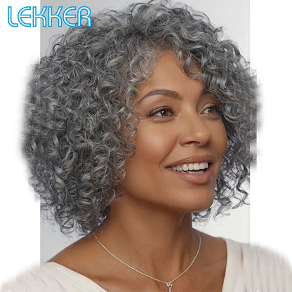 Gray short Afro kinky curly bob wig with middle part, 100% human Brazilian Remy hair, glueless daily wig for women.