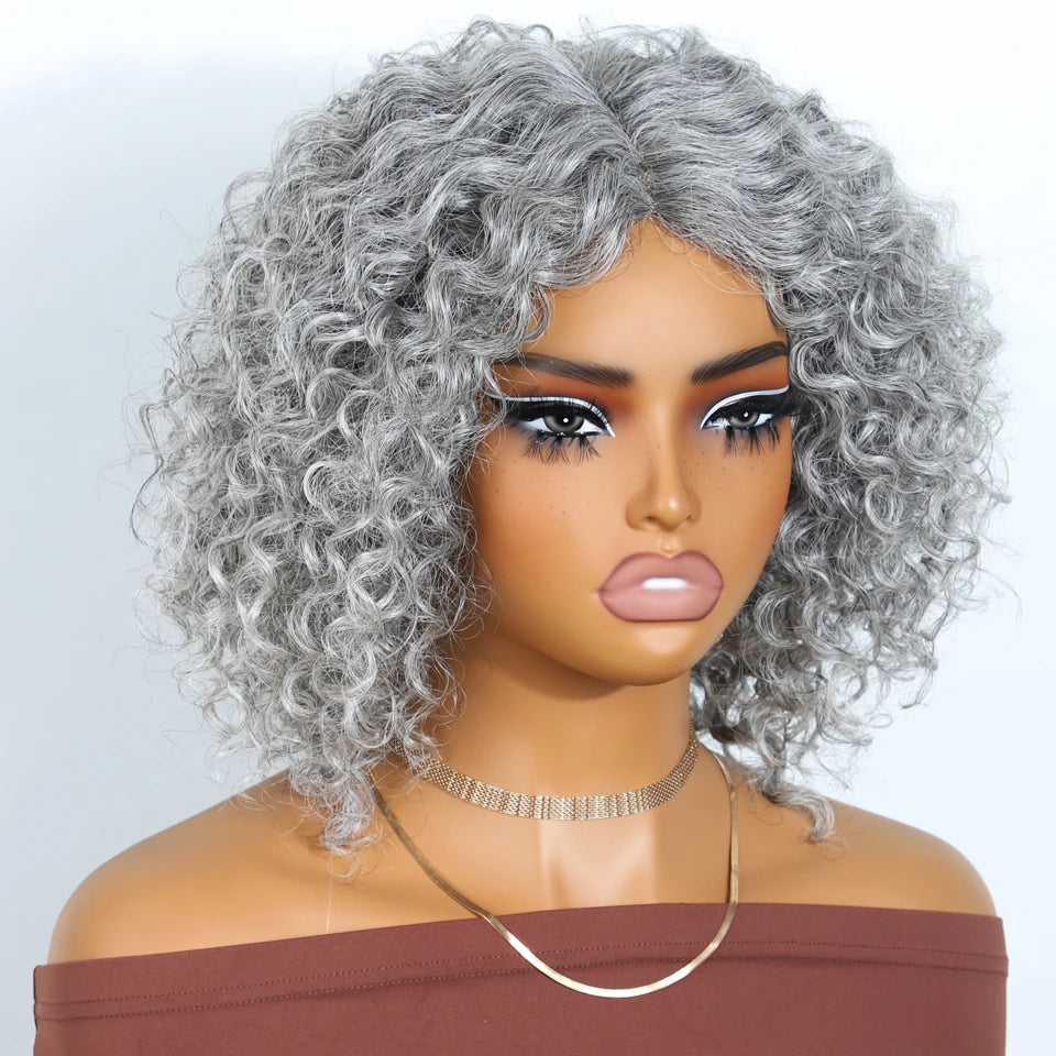 Gray short Afro kinky curly bob wig with middle part, 100% human Brazilian Remy hair, glueless daily wear for women.