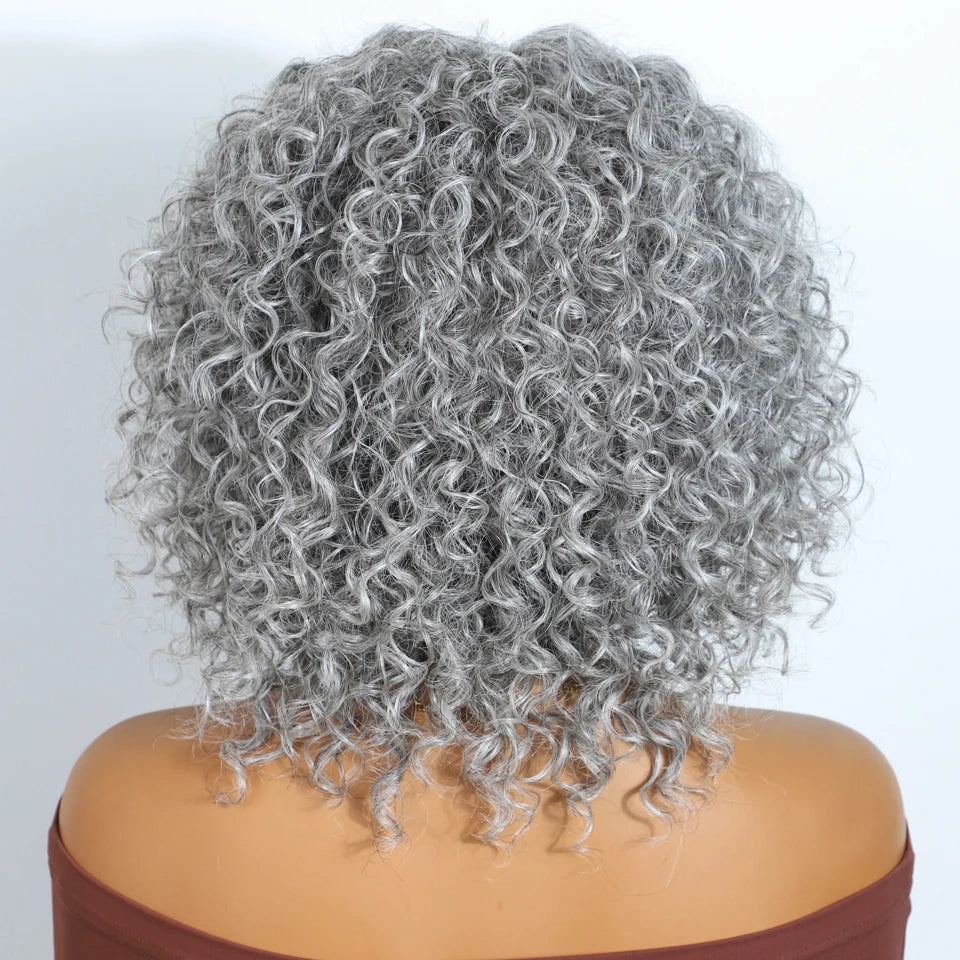 Gray short afro kinky curly bob wig with middle part, 100% human Brazilian Remy hair, glueless daily wear for women.