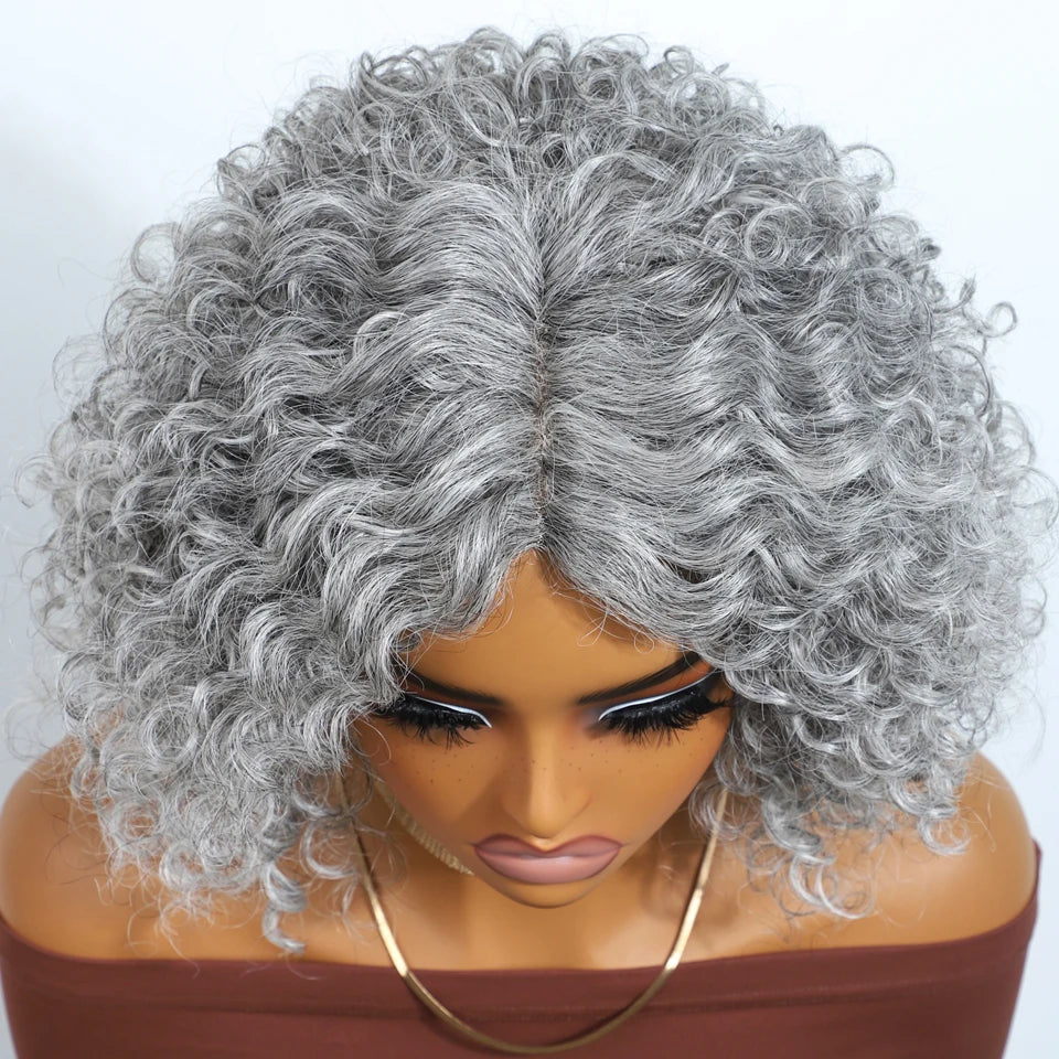 Gray short Afro kinky curly bob wig with middle part, 10 inches, made of 100% Brazilian Remy human hair, glueless daily wear for women.