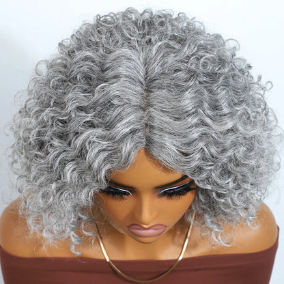 Gray short Afro kinky curly bob wig with middle part, 10 inches, made of 100% Brazilian Remy human hair, glueless daily wear for women.