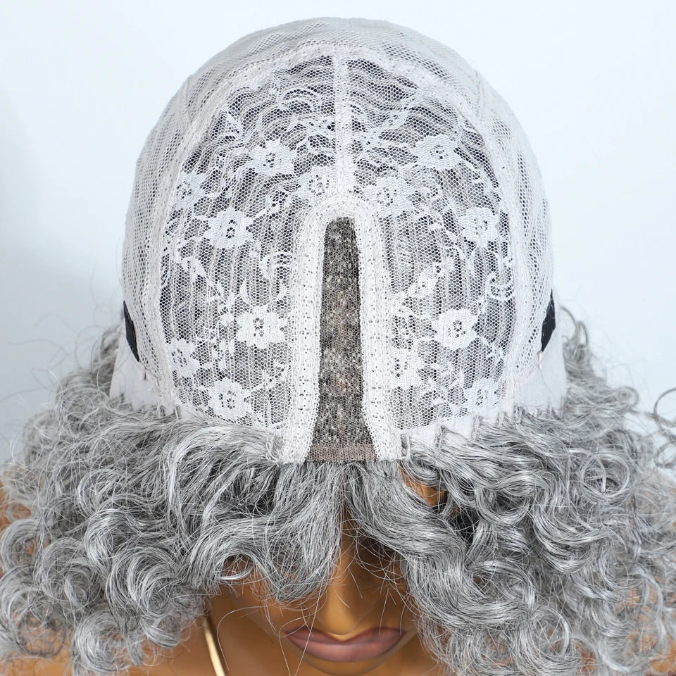 Gray short afro kinky curly bob wig with middle part, 100% human Brazilian Remy hair, glueless daily wig for women.