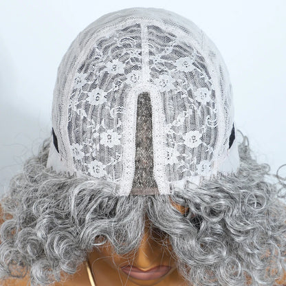 Gray short afro kinky curly bob wig with middle part, 100% human Brazilian Remy hair, glueless daily wig for women.