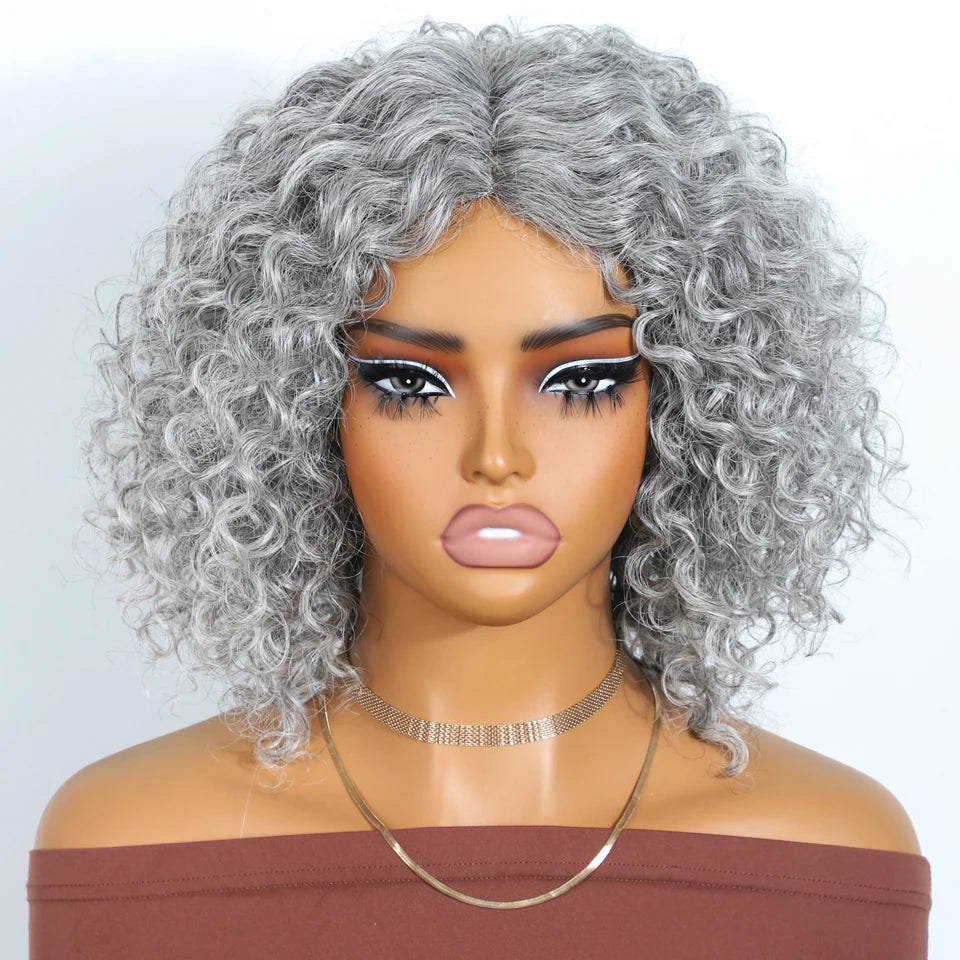 Gray short Afro kinky curly bob wig with middle part, 100% human Brazilian Remy hair, glueless daily wear for women.