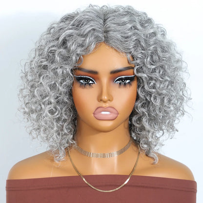 Gray short Afro kinky curly bob wig with middle part, 100% human Brazilian Remy hair, glueless daily wear for women.