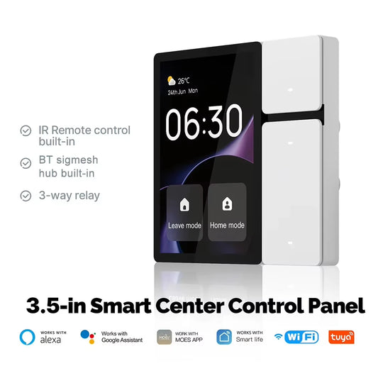Tuya Smart Home TTP06 3.5-inch touch screen control panel with WiFi and IR remote for centralized smart home management.
