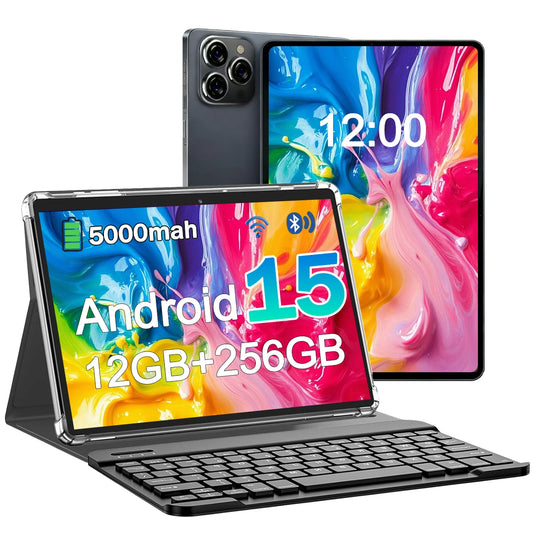 Android 15 MTK 10.1" tablet with 1280x800 IPS display, 12GB RAM, 256GB storage, 4G LTE, Wi-Fi, USB-C, keyboard, gray color.