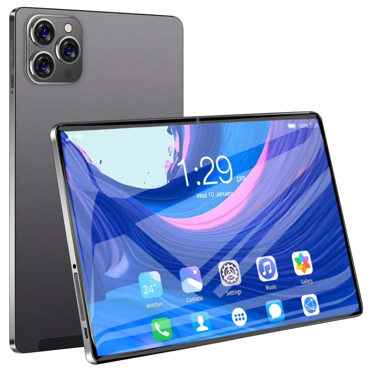 Android 15 MTK Tablet PC with 10.1-inch IPS screen, 12GB RAM, 256GB storage, 4G LTE, Wi-Fi, USB-C, and keyboard.