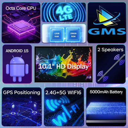 Android 15 MTK Tablet PC with 10.1-inch IPS screen, 12GB RAM, 256GB storage, 4G LTE, Wi-Fi, USB-C, and keyboard.