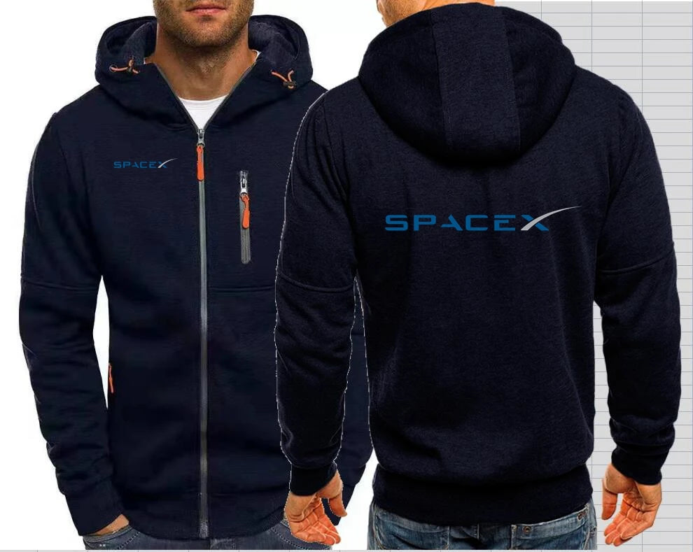 Gray SpaceX hoodie with Space X logo and NASA graphics, men's zip-up jacket with hood, casual outerwear for men