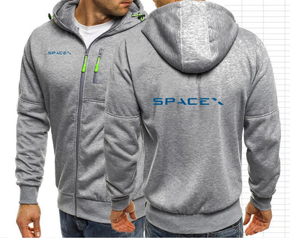 Gray SpaceX hoodie with Space X logo and NASA design, men's zippered jacket with hood, casual outerwear for men.