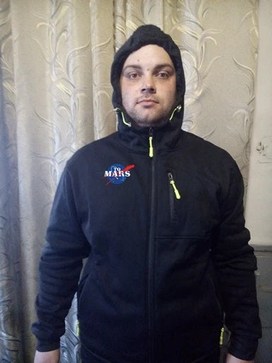 Gray SpaceX hoodie with Space X logo and NASA graphics, men's zip-up jacket with hood, casual outerwear for men.