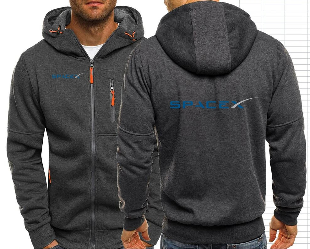 Gray SpaceX hoodie with Space X logo and NASA branding, men's zip-up jacket with hood and outerwear style.