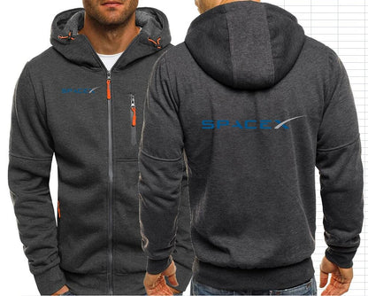 Gray SpaceX hoodie with Space X logo and NASA branding, men's zip-up jacket with hood and outerwear style.
