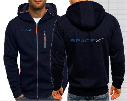 Gray SpaceX hoodie with Space X logo and NASA branding, men's zip-up jacket featuring a hood and outerwear style.