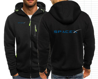 Gray SpaceX hoodie with Space X logo, NASA emblem, men's zip-up jacket, hooded coat, casual outerwear for men.