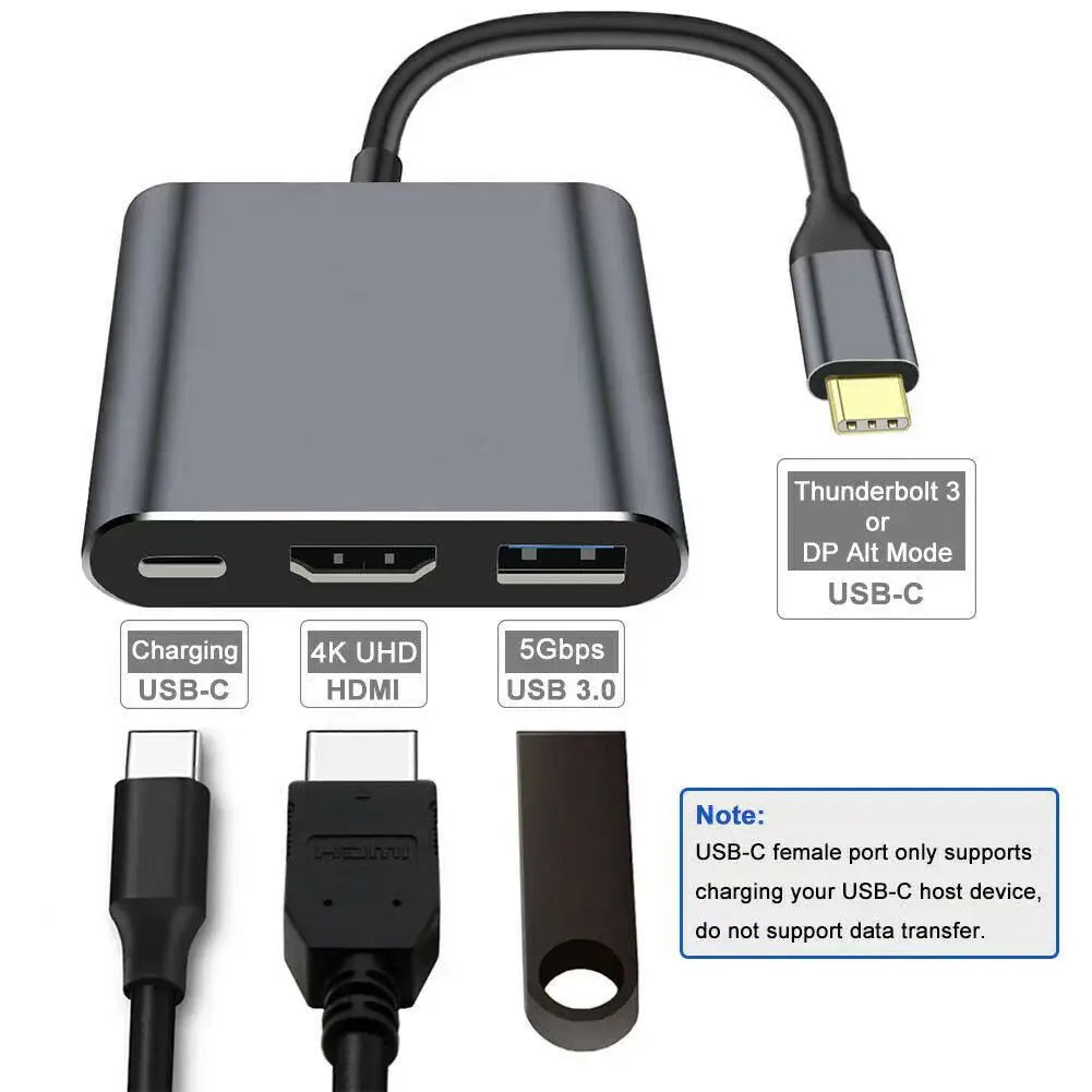 BackupMyFilesNow gray 3-in-1 USB-C hub with PD 100W, 4K HDMI, and USB 3.0 ports for versatile device connectivity.