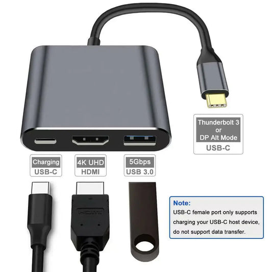 BackupMyFilesNow gray 3-in-1 USB-C hub with PD 100W, 4K HDMI, and USB 3.0 ports for versatile device connectivity.