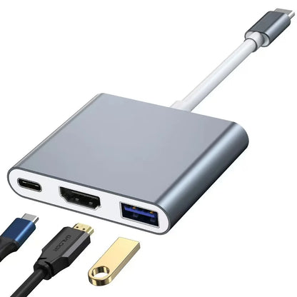 Gray 3-in-1 USB-C hub by BackupMyFilesNow.com with USB-C, HDMI 4K, and USB 3.0 ports on a modern device.