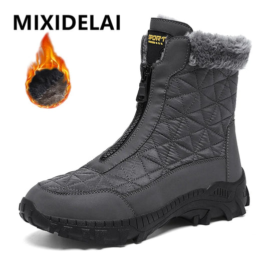 Gray men's winter waterproof boots with plush lining, non-slip soles, ideal for outdoor hiking, work, and snow conditions.