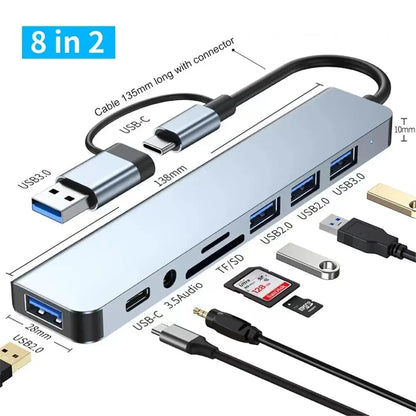 Gray 8-in-2 USB hub with USB-C port, SD/TF card reader, and splitter for multiple USB 3.0 and 2.0 devices.