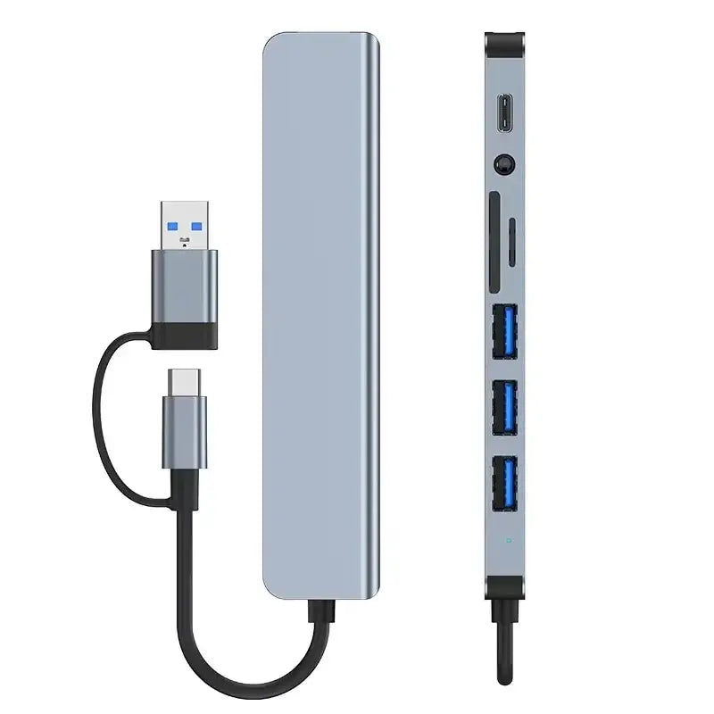 Gray 8-in-2 USB hub with USB C port, card reader, SD and TF slots, connects multiple devices to a computer.