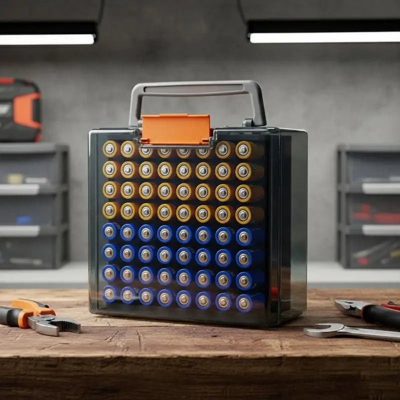 Gray battery storage organizer holds 72 AA and AAA batteries, ideal for garage or home drawer organization.