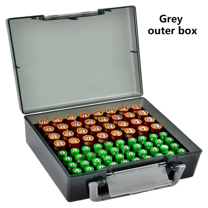 Gray BackupMyFilesNow.com battery storage organizer holds 72 AA and AAA batteries, ideal for garage or home drawer organization.