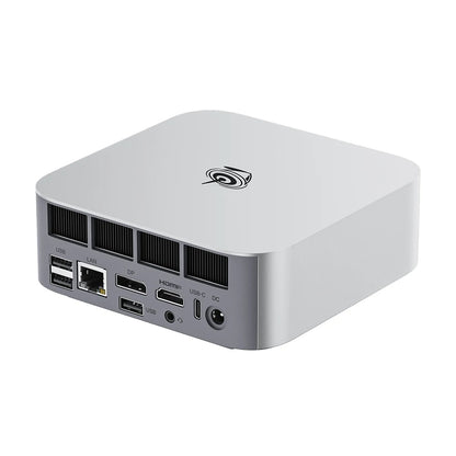 Gray Beelink Ser8 Mini PC with AMD Ryzen 7, 32GB RAM, 1TB SSD, Wi-Fi 6, Windows 11, and UK/EU/US power plugs.