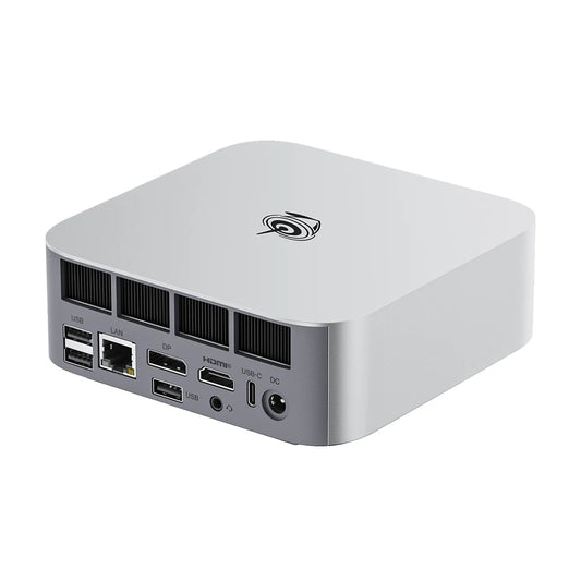 Gray Beelink Ser8 Mini PC with AMD Ryzen 7, 32GB RAM, 1TB SSD, Wi-Fi 6, Windows 11, and UK/EU/US power plugs.