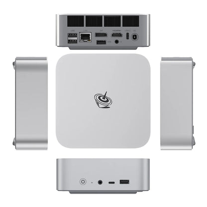 Gray Beelink Ser8 Mini PC with AMD Ryzen 7, 32GB RAM, 1TB SSD, WiFi 6, Windows 11, and UK/EU/US plug options.