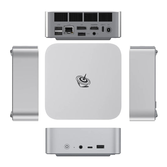 Gray Beelink Ser8 Mini PC with AMD Ryzen 7, 32GB RAM, 1TB SSD, WiFi 6, Windows 11, and UK/EU/US plug options.