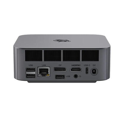 Gray Beelink Ser8 Mini PC with AMD Ryzen 7, 32GB RAM, 1TB SSD, WiFi 6, Windows 11, and multiple plug options.