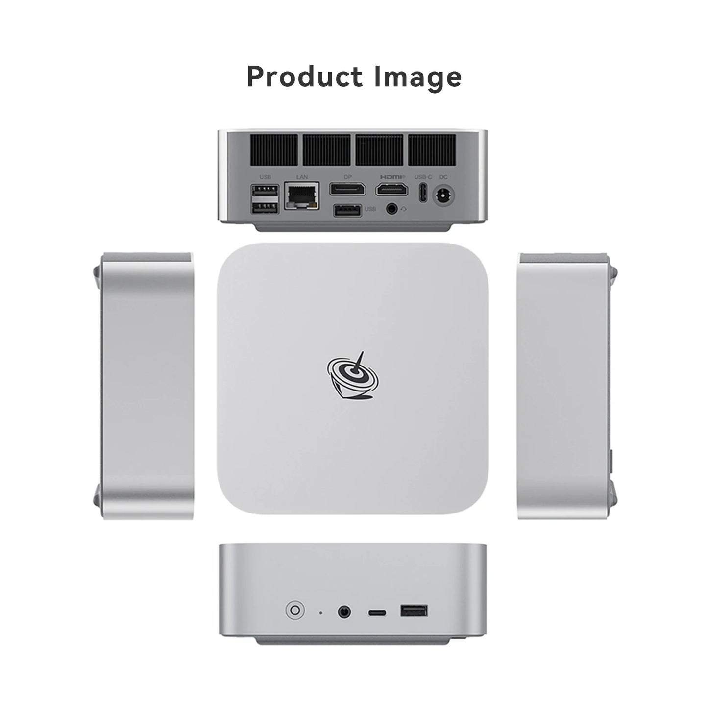 Gray Beelink Ser8 Mini PC with AMD Ryzen 7, 32GB RAM, 1TB SSD, WiFi 6, Windows 11, and multiple power plug options.