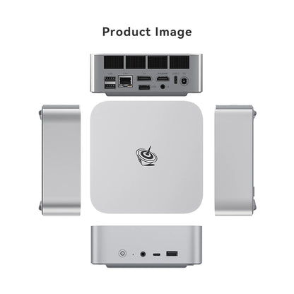 Gray Beelink Ser8 Mini PC with AMD Ryzen 7, 32GB RAM, 1TB SSD, WiFi 6, Windows 11, and multiple power plug options.